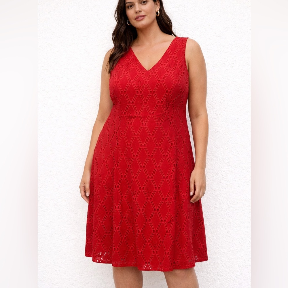 T Tahari Vibrant knee-length eyelet Red Midi Dress 8